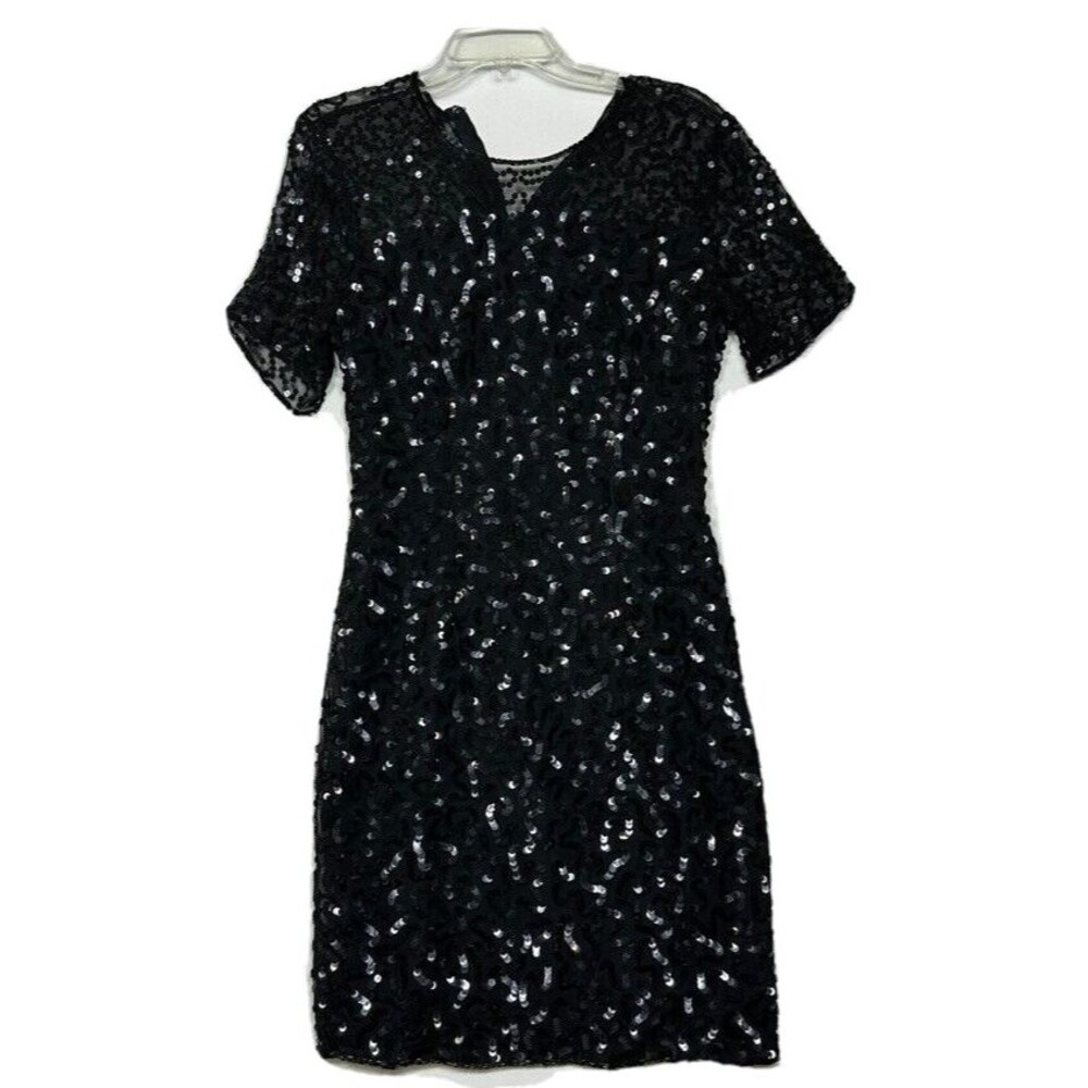 Stenay Sequin Dress Size 4 Womens Black Silk Short Sleeve Vintage Formal Party